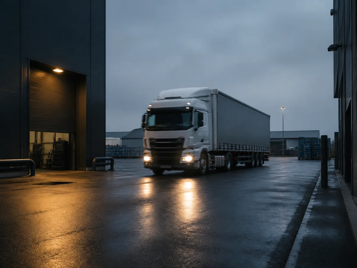A lorry waiting in a cool, wet logistics yard at dusk.
