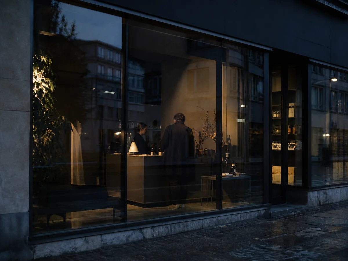 A warmly lit shopfront seen through reflective glass at blue hour.